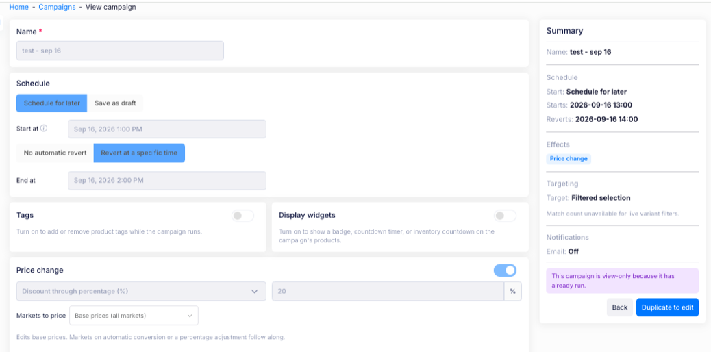 The top of the campaign page, with the Name and Schedule sections and the Summary panel
