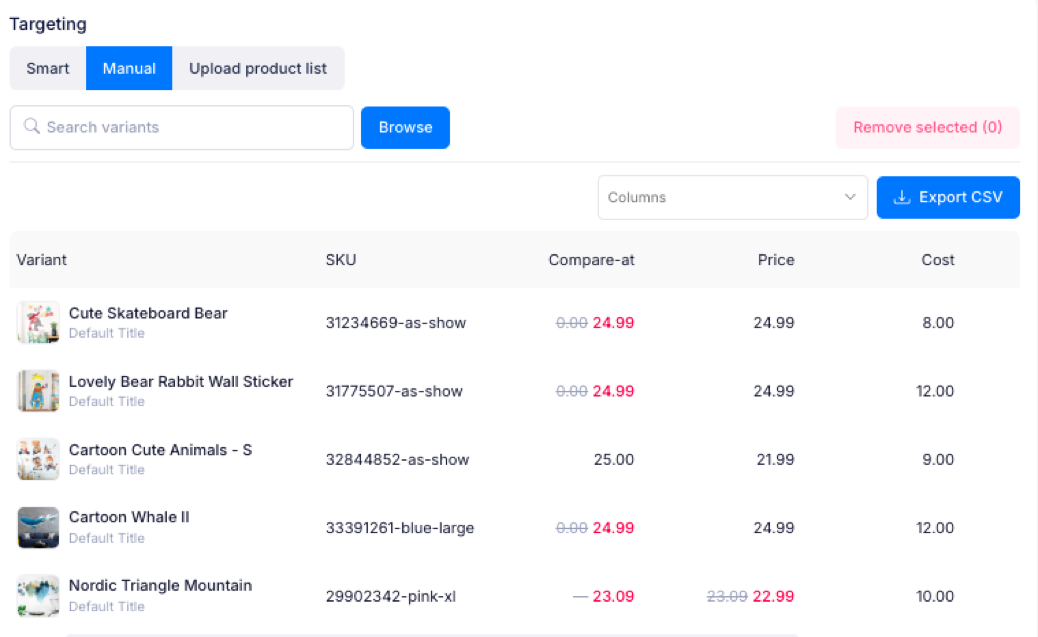 The Manual targeting with the variant list, column options and export