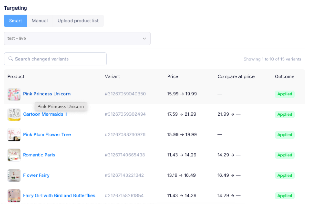 The targeting list showing each variant's price, compare-at price and outcome