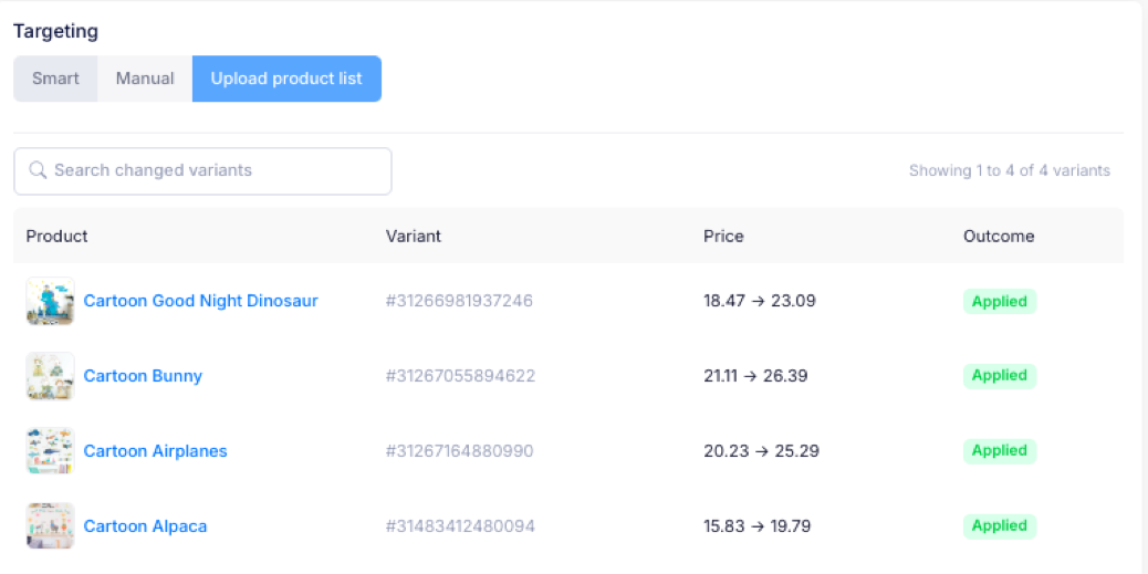 The Upload product list targeting, with the matched variants, their prices and outcome
