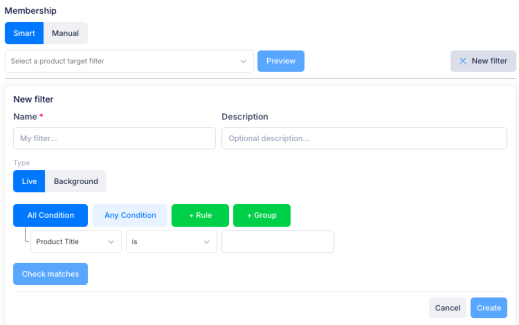 The New filter form, with a name, a type and a condition