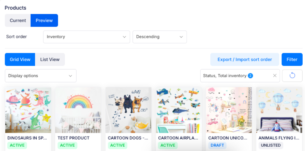 The Products section with Preview selected, the sort order and the product grid