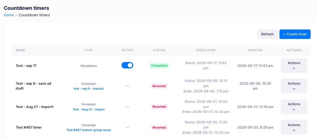 The Countdown timers list with each timer's name, type, active switch, status, execution and updated time