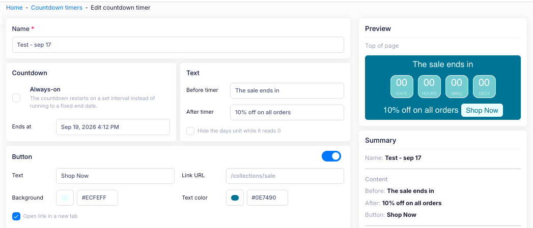 The top of the countdown timer page, with the Name, Countdown, Text and Link button sections and the Preview and Summary panels