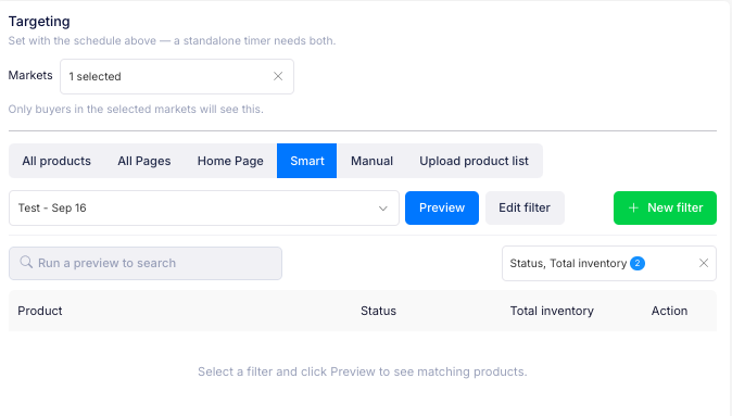 The Targeting section with the markets field, the targeting options and the product list