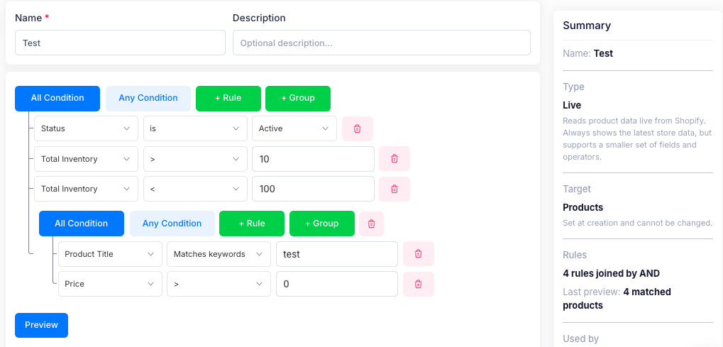 The Filter page with several rules and a nested group