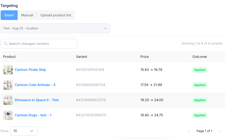 The Targeting section with Smart, Manual and Upload product list, and a preview of the matched variants