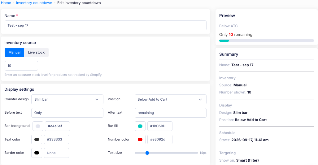 The top of the Inventory countdown page: the Name field and the Inventory source and Display settings sections, with the Preview and Summary panels