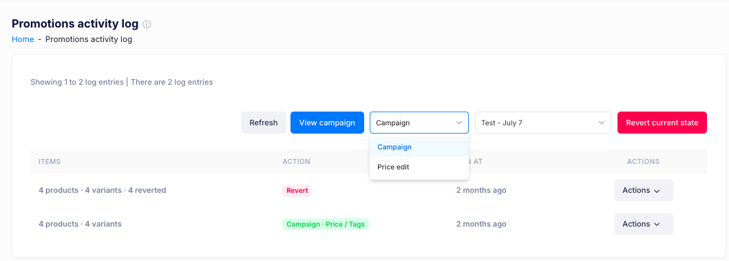 The Promotions activity log with a campaign entry and a revert entry