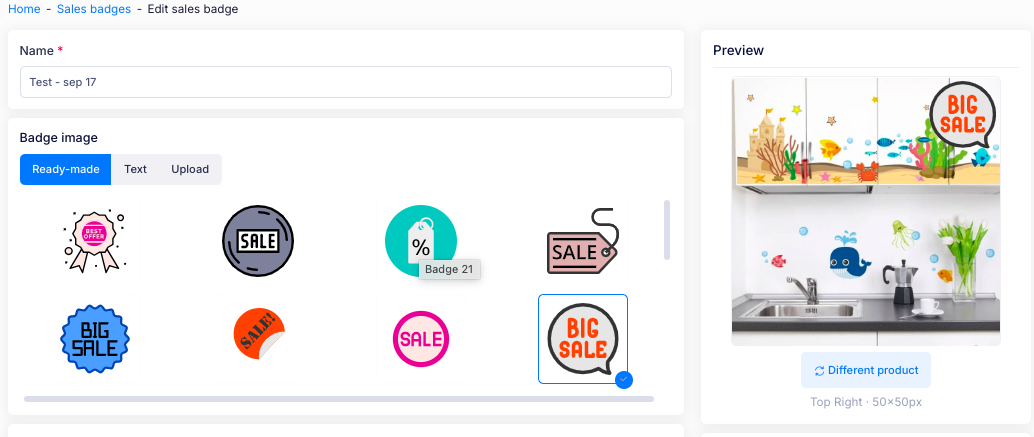 The top of the Create sales badge page, with the Name field, the ready-made badges and the preview