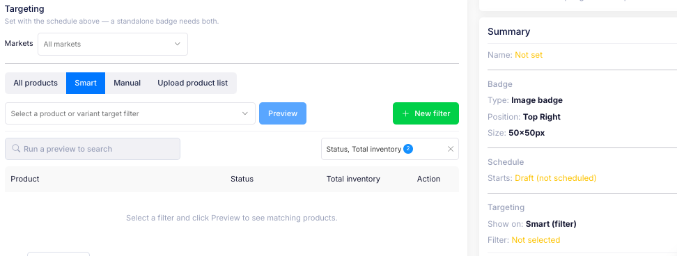 The Targeting section with the product list, alongside the Summary panel