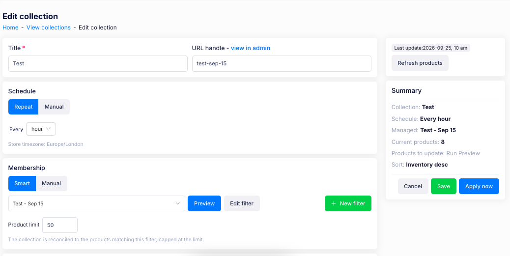 The Edit collection page with the Title, Schedule and Membership sections