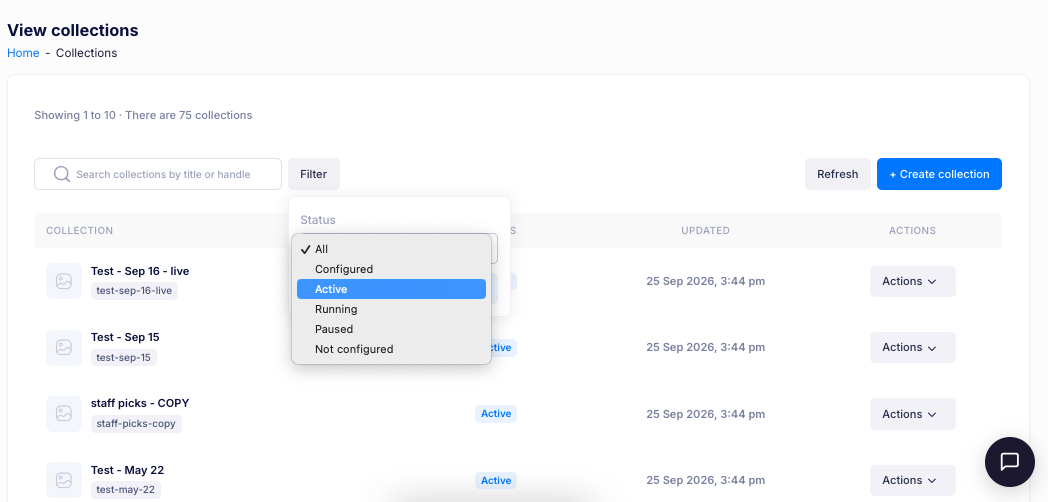 The View collections page with a list of collections, the status filter and the row actions